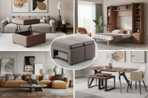 A collage of 4 photos showing different multifunctional furniture pieces in action - ottoman storage, murphy bed, expandable dining table, and nesting tables
