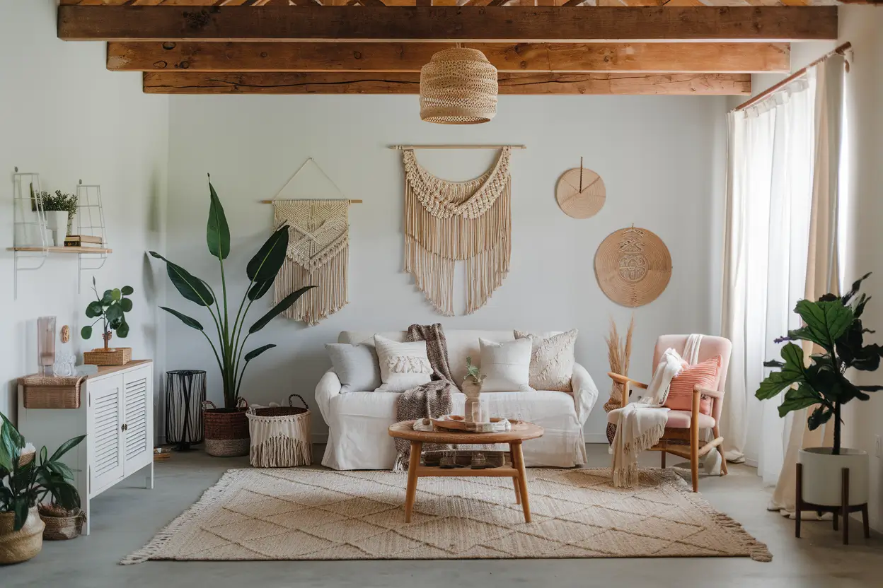 A visually appealing room that blends two or more design styles, such as a modern farmhouse space with bohemian accents or a Scandinavian-minimalist living room with industrial touches. This will illustrate your "Style Fusion Revolution" concept.