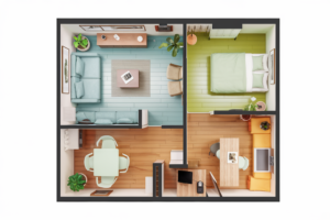 Overhead view diagram of a studio apartment showing different zones marked with different colors and furniture placement