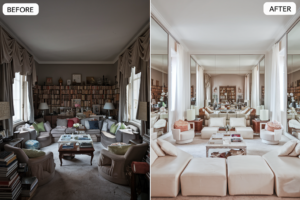 A split-screen before/after photo showing the same room - one dark and cluttered, the other bright and airy with strategic mirror placement
