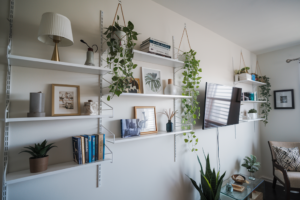 A floor-to-ceiling shot of a well-organized wall with floating shelves, hanging plants, and mounted TV, showing how vertical space is maximized]
