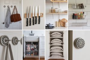 Close-up photos of each storage solution mentioned above, showing installation and usage
