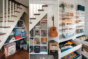 A collection of before/after photos showing creative storage solutions in action - under-stair storage, wall-mounted organizers, and hidden compartments