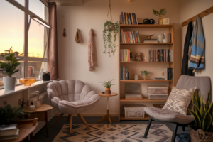 A warm, inviting photo of a small but well-organized living space at sunset, showing how all the principles come together