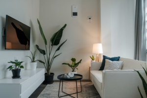 A modern small space featuring smart home devices integrated seamlessly into the decor