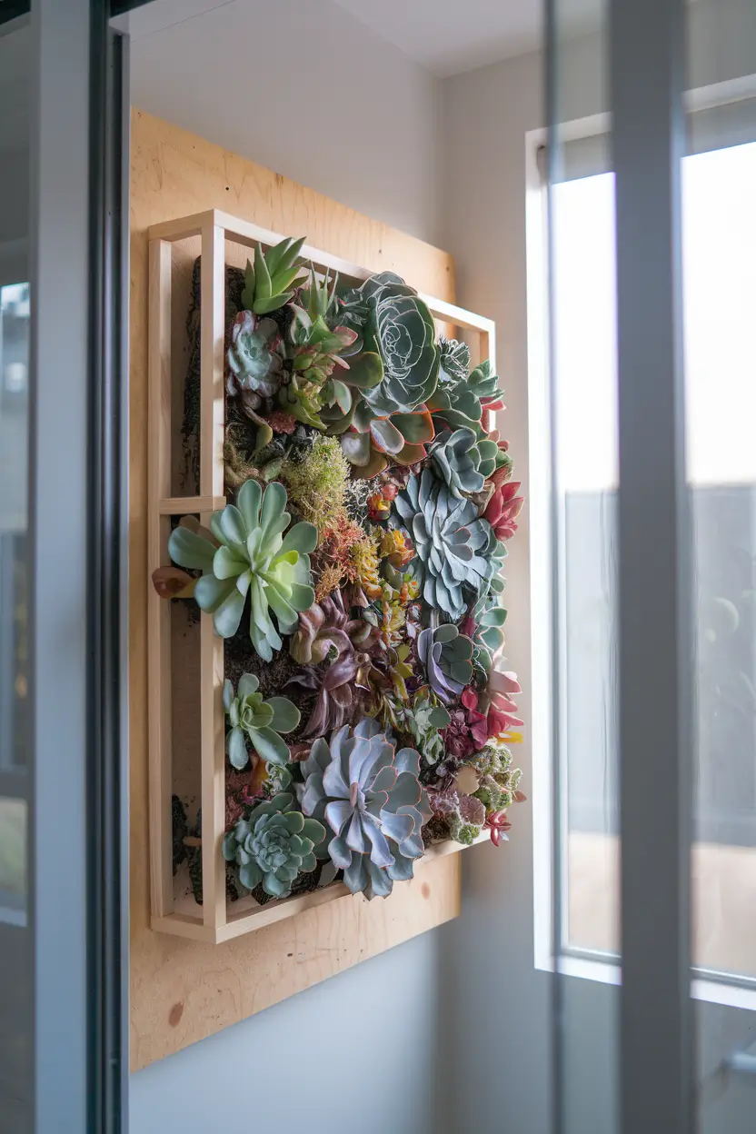Interior design photograph of a modern indoor living wall constructed with geometric pine box frames mounted on plywood backing. Diverse succulent varieties creating a textural tapestry of contrasting shapes and colors, soft indirect natural lighting from nearby window, clean contemporary setting, architectural photography style.