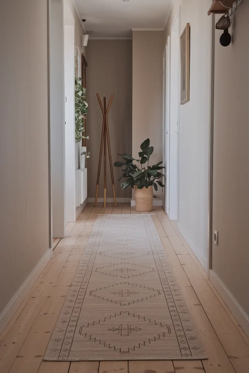 A Scandinavian-style hallway with a narrow layout. The floor features a beige runner rug with subtle geometric patterns. The rug lies on light wooden flooring. The walls are painted in a muted tone. There are a few items, such as a coat stand and a potted plant, placed along the hallway. The overall decor is minimalist.