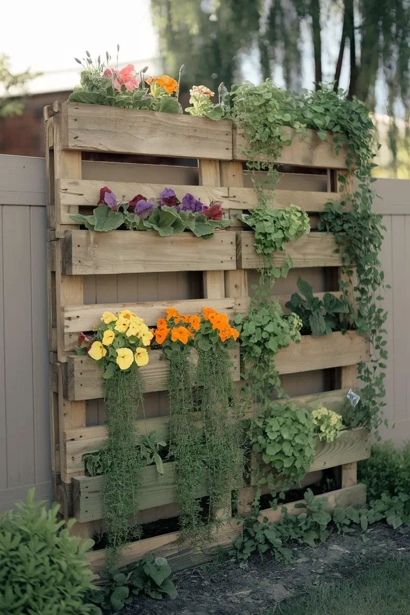 Upcycled wooden pallet transformed into a vertical garden mounted against a simple fence. Colorful annual flowers and trailing plants growing from each slat space, sustainable gardening aesthetics, natural outdoor lighting, balance of organized structure and natural plant growth, photorealistic DIY garden project.
