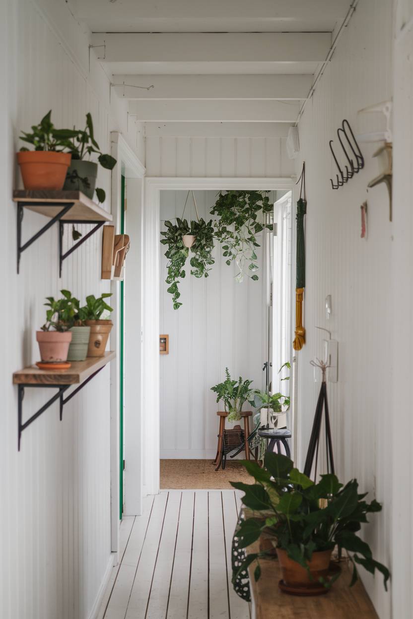 A photo of a Scandinavian-style hallway with a few small potted plants on floating shelves and hanging greenery near the doorway. The plants provide vibrant green accents against the neutral-toned space, which features whitewashed walls, wooden floors, and a few pieces of furniture. The walls have a few hooks and shelves.