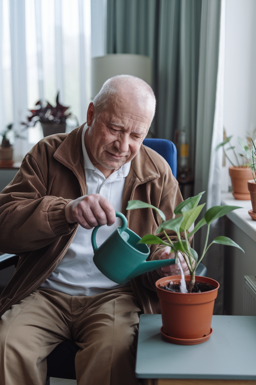 An elderly individual with a visible disability is engaged in therapeutic plant care activities. He is sitting in a chair and is wearing a brown jacket and a white shirt. He is carefully watering a potted plant with green leaves. The plant is placed on a table beside him. The background contains a window with curtains, a lamp, and a few other potted plants.