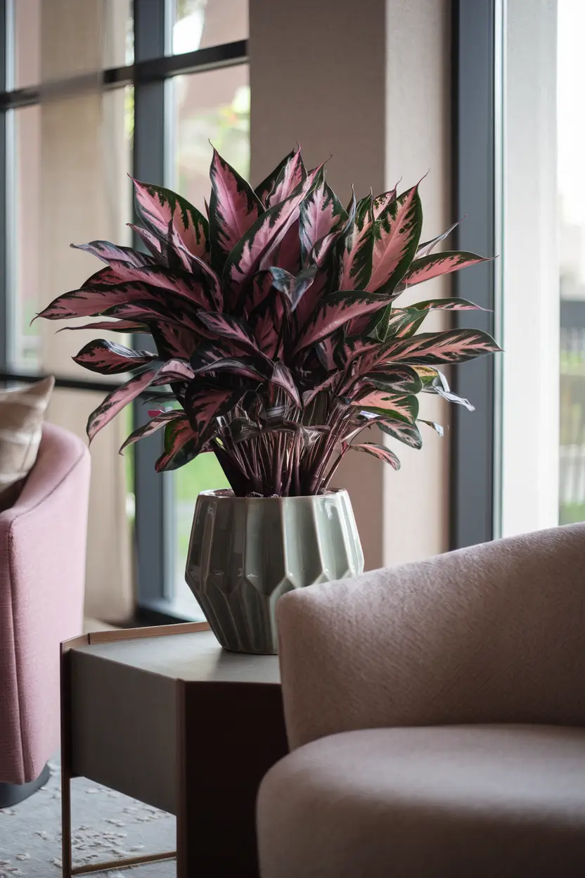 A professional interior photography image of a contemporary living room with a close-up detailed view of an Aglaonema Wishes plant. The plant has stunning pink-tinged foliage against dark green leaves. It is positioned in a stylish ceramic pot on a modern furniture. The room has soft textures and the plant adds a sophisticated pop of color. The natural light from nearby windows highlights the unique coloration of the leaves.