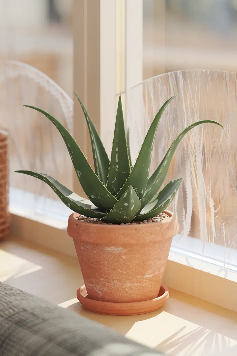 A photorealistic image of an aloe vera plant with plump, spiky leaves positioned near a sunny window in a bright living room. The sunlight creates a beautiful translucent effect through the gel-filled leaves. The plant is in a terracotta pot on a windowsill. The living room has a warm, inviting atmosphere with natural materials.