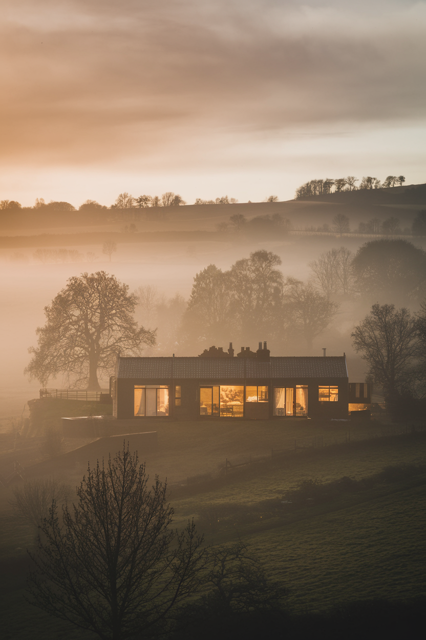 An atmospheric shot of an eco-home at dusk, with warm light spilling from its windows. The home is perfectly integrated into a misty English countryside landscape, surrounded by trees and rolling hills. The sky is overcast, with a soft orange hue.