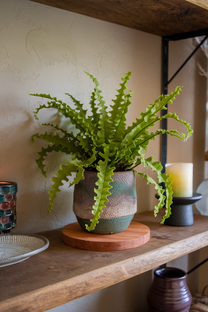 A photograph of a Birds' Nest Fern in a living room, sitting on a shelf. The fern has distinctive crinkled bright green fronds, which add rich texture to the shelf. The plant is in an artisanal pot that has a unique shape and a textured surface. The pot is placed on a wooden board. The shelf is made of wood and has a few decorative items, including a candle and a ceramic dish. The wall behind the shelf has a textured surface. The room has a warm and inviting atmosphere.