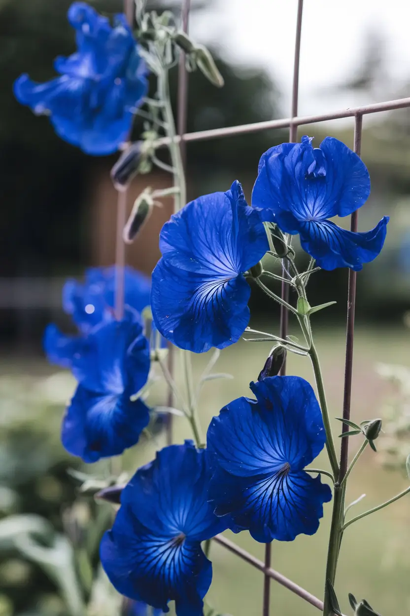 Stunning close-up of vibrant deep blue butterfly pea flowers climbing along a simple garden trellis. Distinctive flower shape with delicate petals, rich saturated blue color, some seed pods visible, bright natural lighting highlighting the extraordinary color, botanical illustration quality with photorealistic details