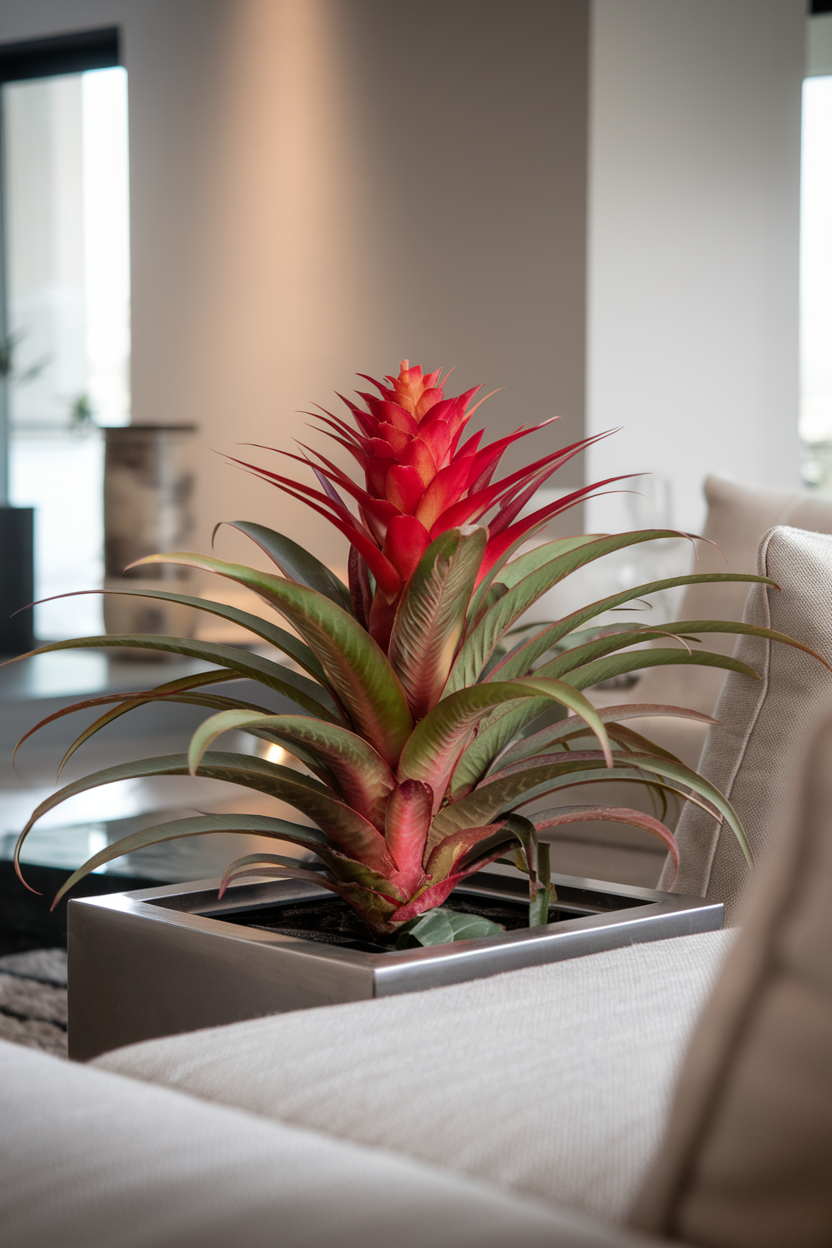 A professional interior photography style photo of a vibrant bromeliad plant in a contemporary living room. The bromeliad has a bright red flowering center and green sword-like leaves. The plant is in a modern container that complements its tropical appearance. The living room has neutral tones, allowing the plant's vibrant colors to stand out as a focal point. Soft lighting enhances the vivid colors of the flowering bract.