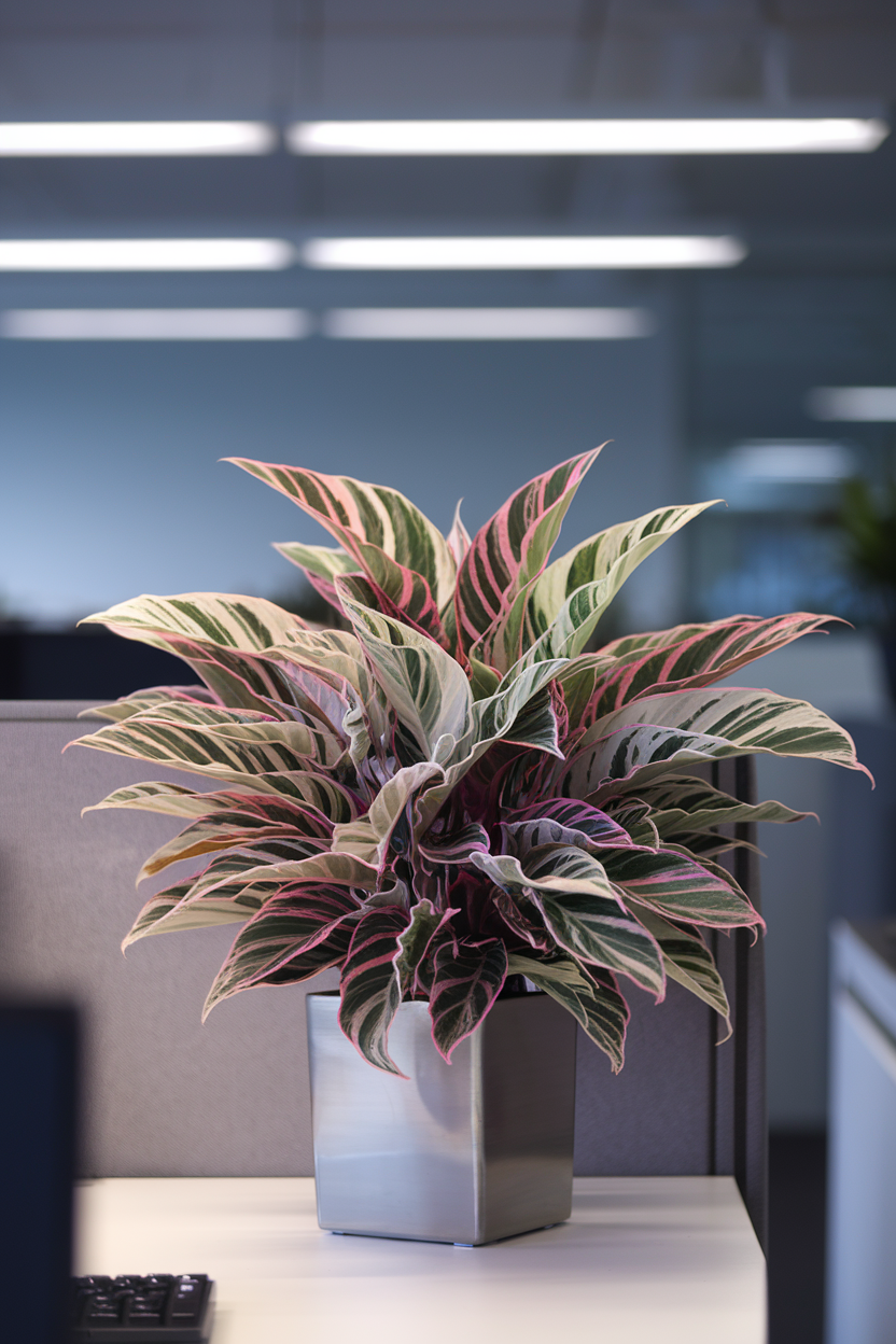 A professional photograph of a Chinese Evergreen (Aglaonema) plant with vibrant variegated leaves in silver, green, and hints of pink. The plant is positioned on a desk in a modern office environment. The plant is in a contemporary pot that complements the office color scheme. Soft, diffused office lighting highlights the plant's colorful foliage. The image shows how the plant adds a pop of natural color to an otherwise standard workspace. The composition is clean and professional.