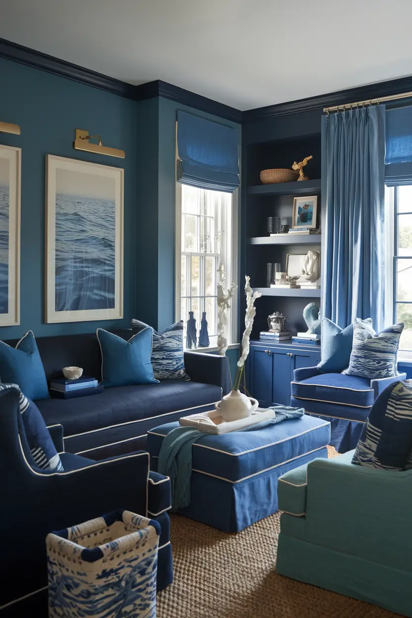 A cozy interior room with a sophisticated blue color palette. The room features varying shades of blue, from navy to aqua. There is water-themed artwork on the wall and nautical accents throughout the room. The room has comfortable overstuffed seating and textural elements, including a sisal rug and linen drapery. There is a styled bookshelf with coastal collections. The room is filled with soft window light, which highlights the carefully curated water-inspired decor elements.