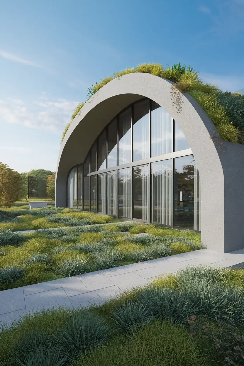A 3D render of the Crossway eco-home in Essex. The architectural visualization emphasizes the unique curved arch design and the lush green roof. The building has a mix of glass and concrete walls. The green roof is covered with plants and has a walkway. The background is a clear blue sky and a serene landscape with trees.