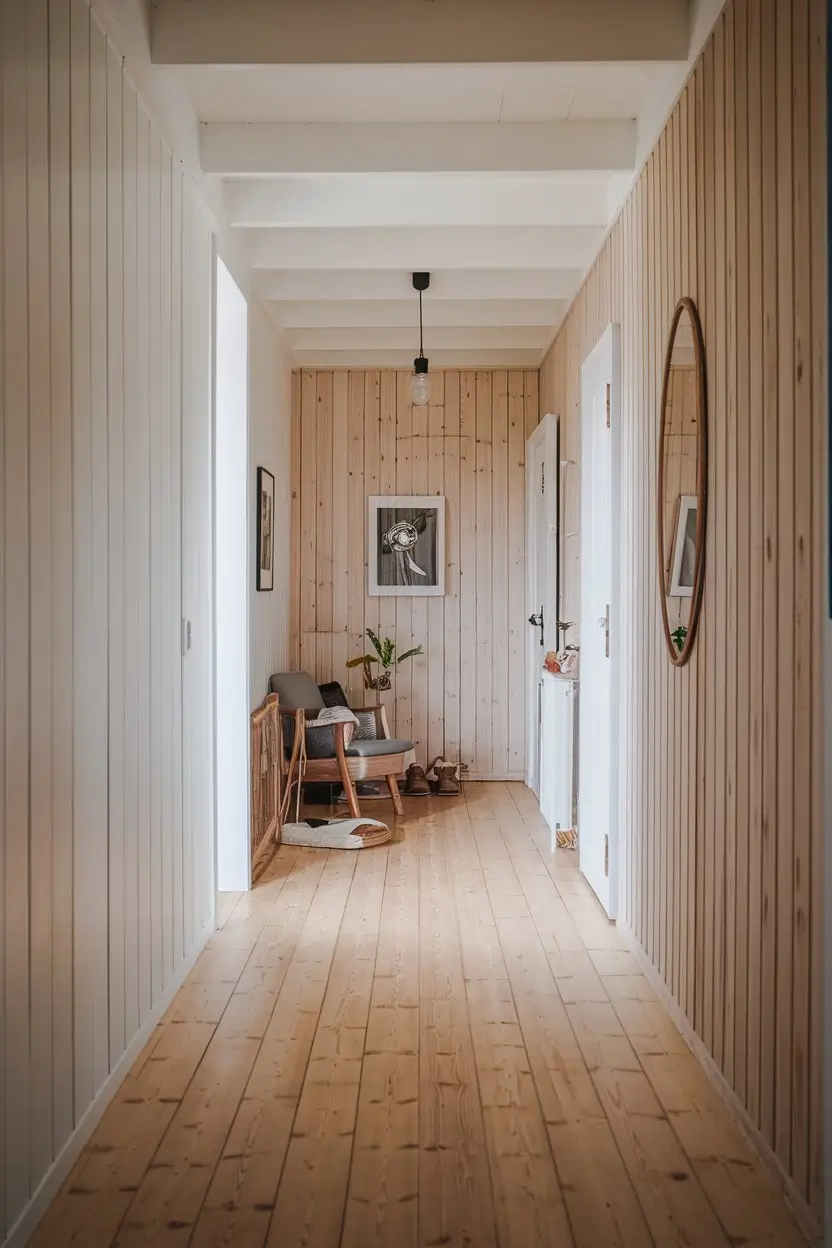 A cozy Scandinavian hallway with light-toned oak flooring and matching wooden wall paneling. The space is accented by white walls and minimalist decor.