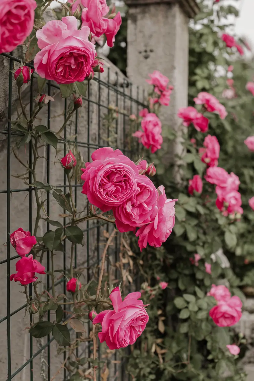 Gertrude Jekyll' roses climbing along garden fence