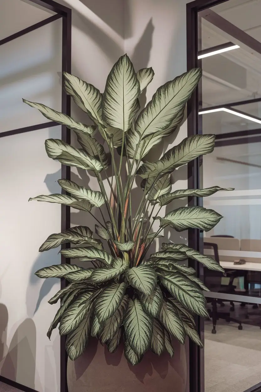 A photo of a tall Dracaena plant with striking green and white striped leaves in a modern office space. The plant is placed in a large floor planter and is positioned in a corner of the room. The plant's height and structure draw the eye upward. The office has a minimalist decor with clean lines and a neutral color palette. The lighting casts subtle shadows from the leaves onto the wall.