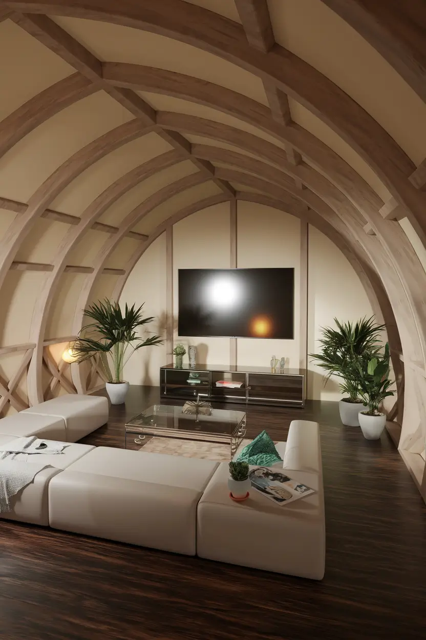 A 3D render of the interior of the Eco Arch. The room has a medieval-inspired timber frame structure. There are sleek, modern furnishings and technology, such as a white sofa, a glass coffee table, and a large flat-screen TV mounted on the wall. The floor is made of dark wood. There are potted plants scattered around the room. The lighting is warm and inviting.