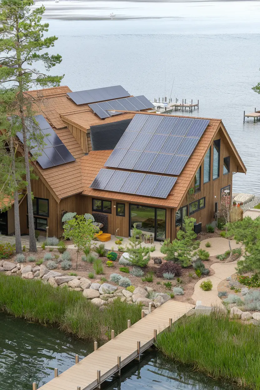 A photo of an eco-friendly waterfront home with solar panels and native landscaping. The house is made of wood and has a steeply pitched roof. There are multiple solar panels on the roof and along the side of the house. The landscaping around the house consists of native plants and trees. There is a wooden dock leading to the water. The background reveals a calm lake with a few boats.