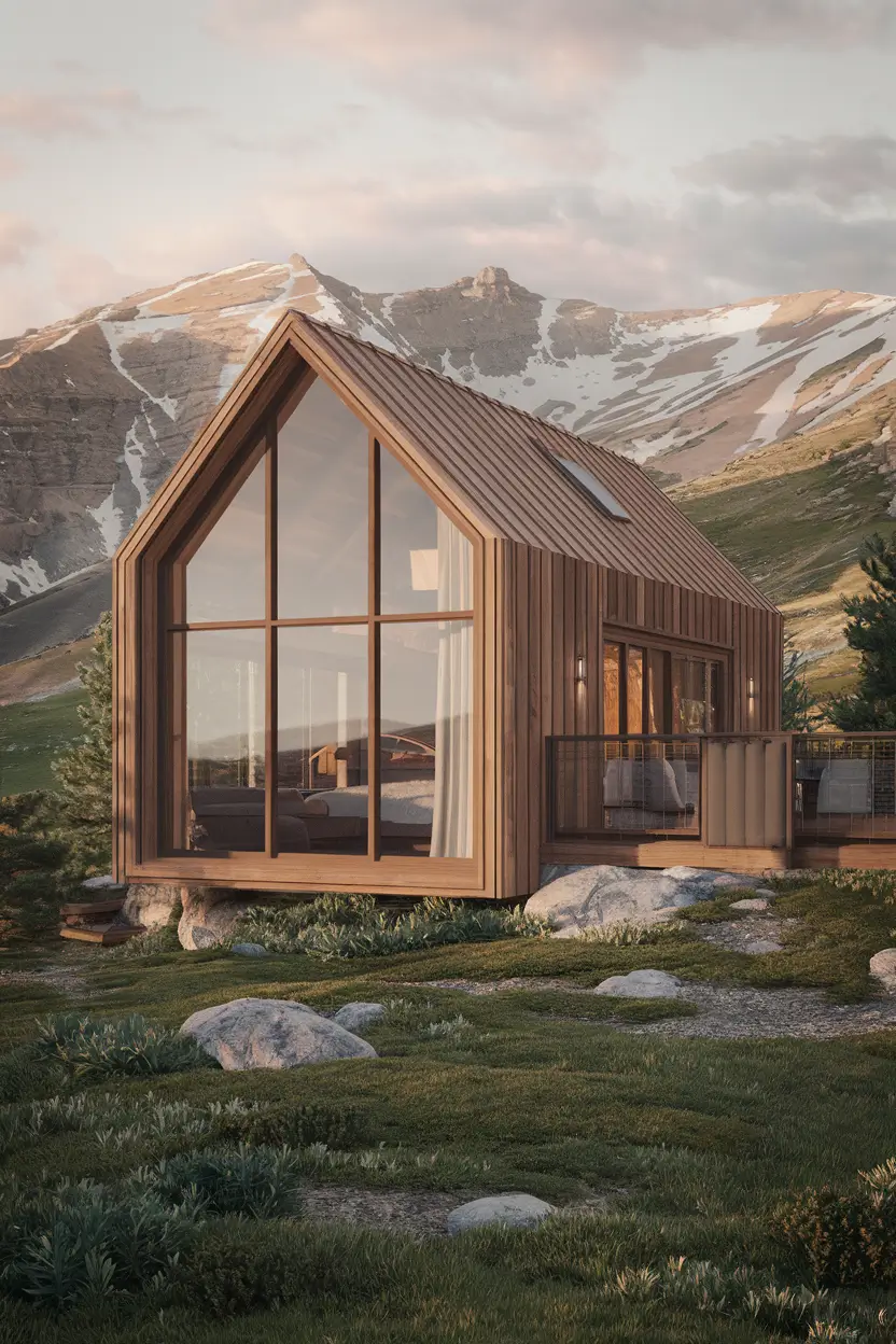 A conceptual render of an American interpretation of an English eco-home, adapted for a mountainous Colorado setting with snow-capped peaks in the background. The eco-home is built with wood and glass, with a sloping roof and a large window facing the mountains. The house is nestled into the landscape, with rocks and plants integrated into the design. The setting sun casts a warm light on the scene, highlighting the wood and reflecting off the glass.