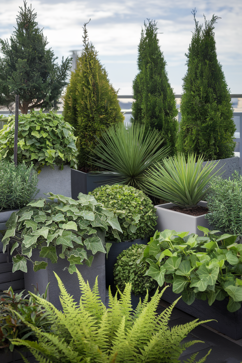 A professional garden design photograph of a balcony garden with various evergreen plants. There are dwarf conifers, ivy varieties, small yuccas, and compact ferns. The plants are arranged in coordinating containers of varying sizes. The background reveals a sky view. The lighting is natural.