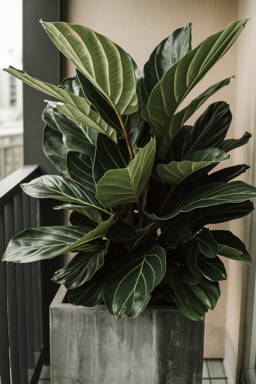A photo of a Fatsia Japonica with glossy, broad palm-shaped deep green leaves creating a lush tropical atmosphere on a partially shaded balcony. The plant is in a substantial contemporary planter that anchors the space. The composition shows how this architectural plant thrives without direct sunlight, making it perfect for north-facing or shaded balconies. Soft, diffused lighting highlights the leaf structure and glossy texture.
