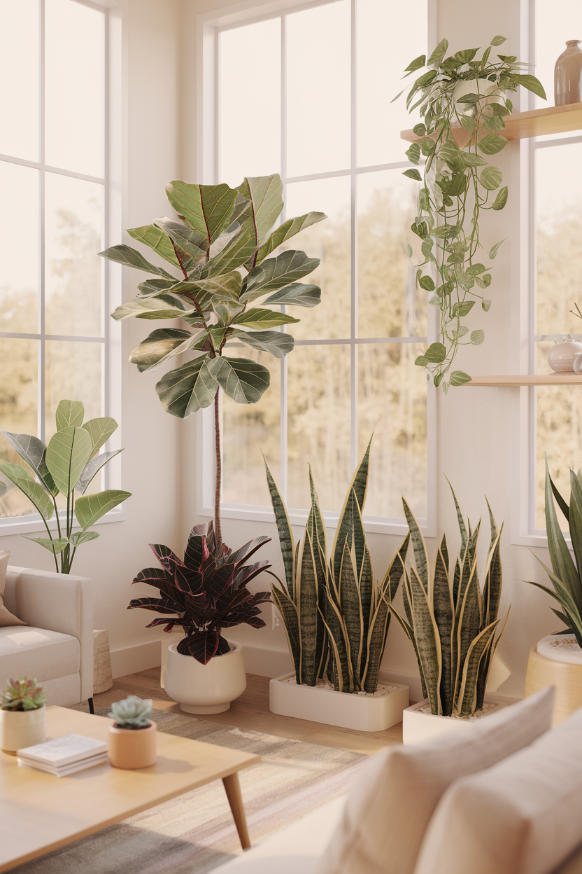 A photorealistic image of a bright, airy living room with large windows allowing natural light to stream in. The room features various indoor plants of different sizes and textures strategically arranged throughout the space. There is a fiddle leaf fig in the corner, a pothos trailing from a shelf, snake plants near the sofa, and small succulents on the coffee table. The room has a modern minimalist aesthetic, warm wood tones, and a cozy reading nook. The lighting is soft and natural.