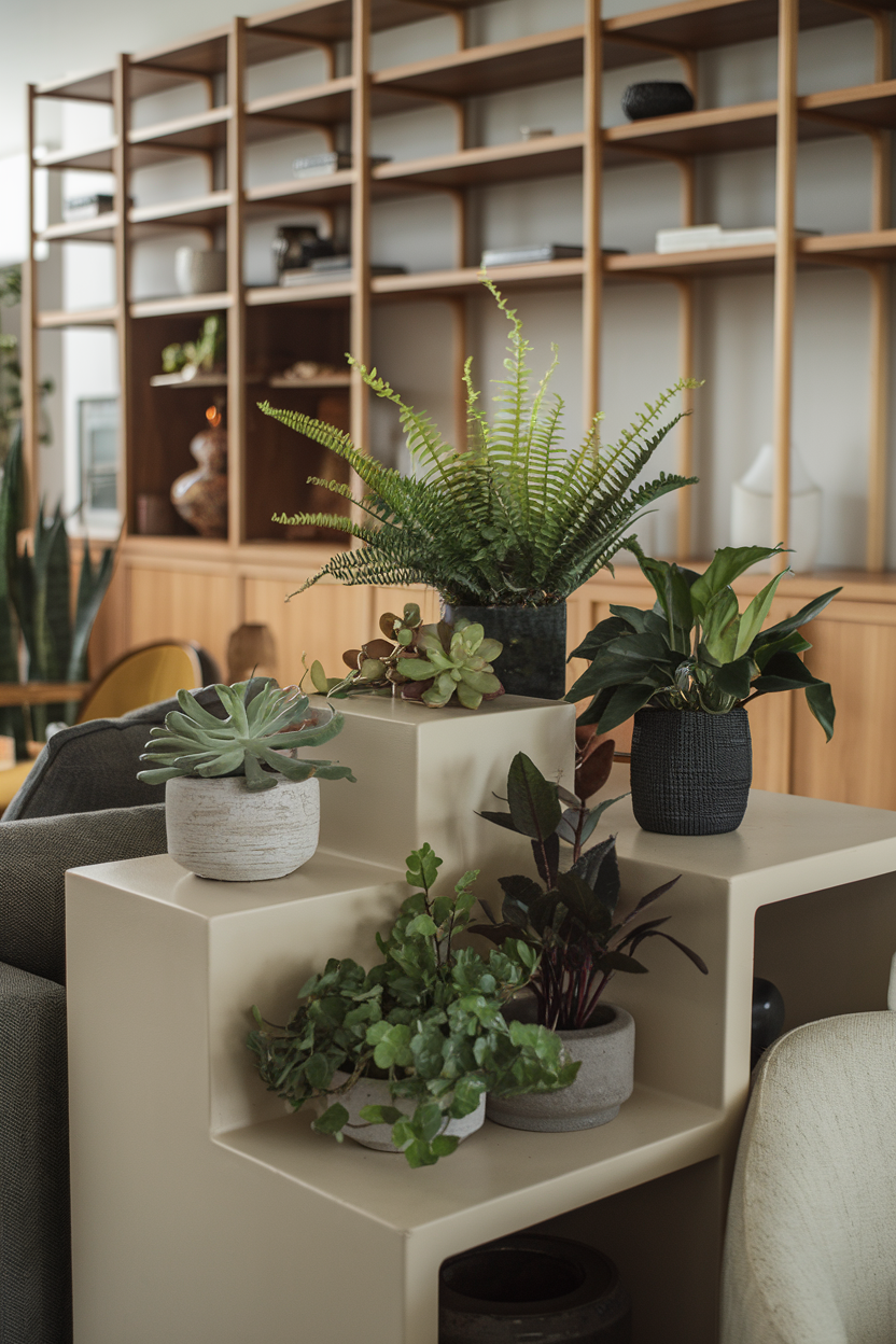 A photo of a stylish living room with a cohesive design scheme. The room has open shelving and furniture pieces. There is an aesthetically pleasing arrangement of several small plants of varying heights, textures, and shades of green. The plants include small succulents, a compact fern, a small ZZ plant, and a peperomia. The plants are thoughtfully placed on the open shelving and around the furniture. The plants complement rather than compete with the furniture pieces. The overall image has attention to balance and composition.