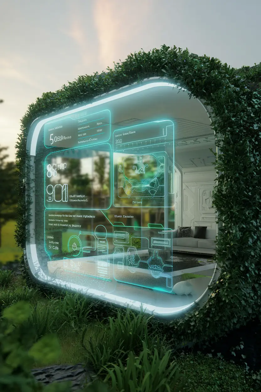 A 3D render of a futuristic eco-home with a unique design. The exterior of the home is covered in a living algae bioreactor, which serves as a natural air purification system and a source of protein. The holographic interfaces on the exterior walls display real-time energy usage and other environmental data. The interior of the home is spacious and modern, with a few pieces of furniture. The background reveals a lush green landscape.