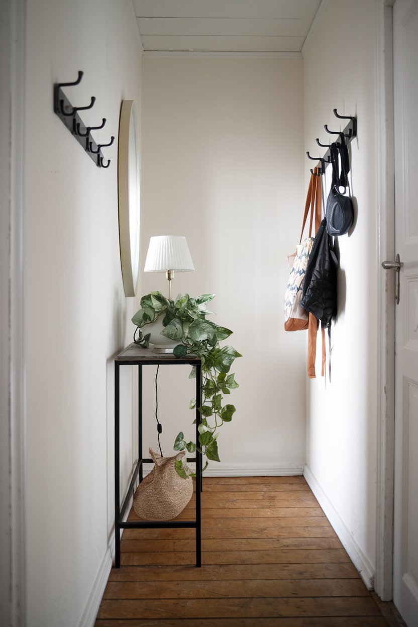 A photo of a narrow Scandinavian-style hallway with a slim-profile console table against one wall. The table has a white lamp and a green plant. On the opposite side, there are wall-mounted hooks for coats and bags. The floor is made of wooden planks.
