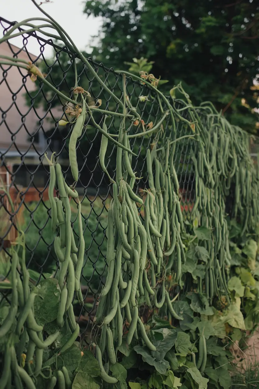 Productive garden scene showing Seychelles pole beans with vigorous dark green vines completely covering a utilitarian chain link fence. Visible slender green bean pods at various stages of development, natural garden lighting, some flowers still visible, transformation of industrial fencing into food production, photorealistic garden photography.