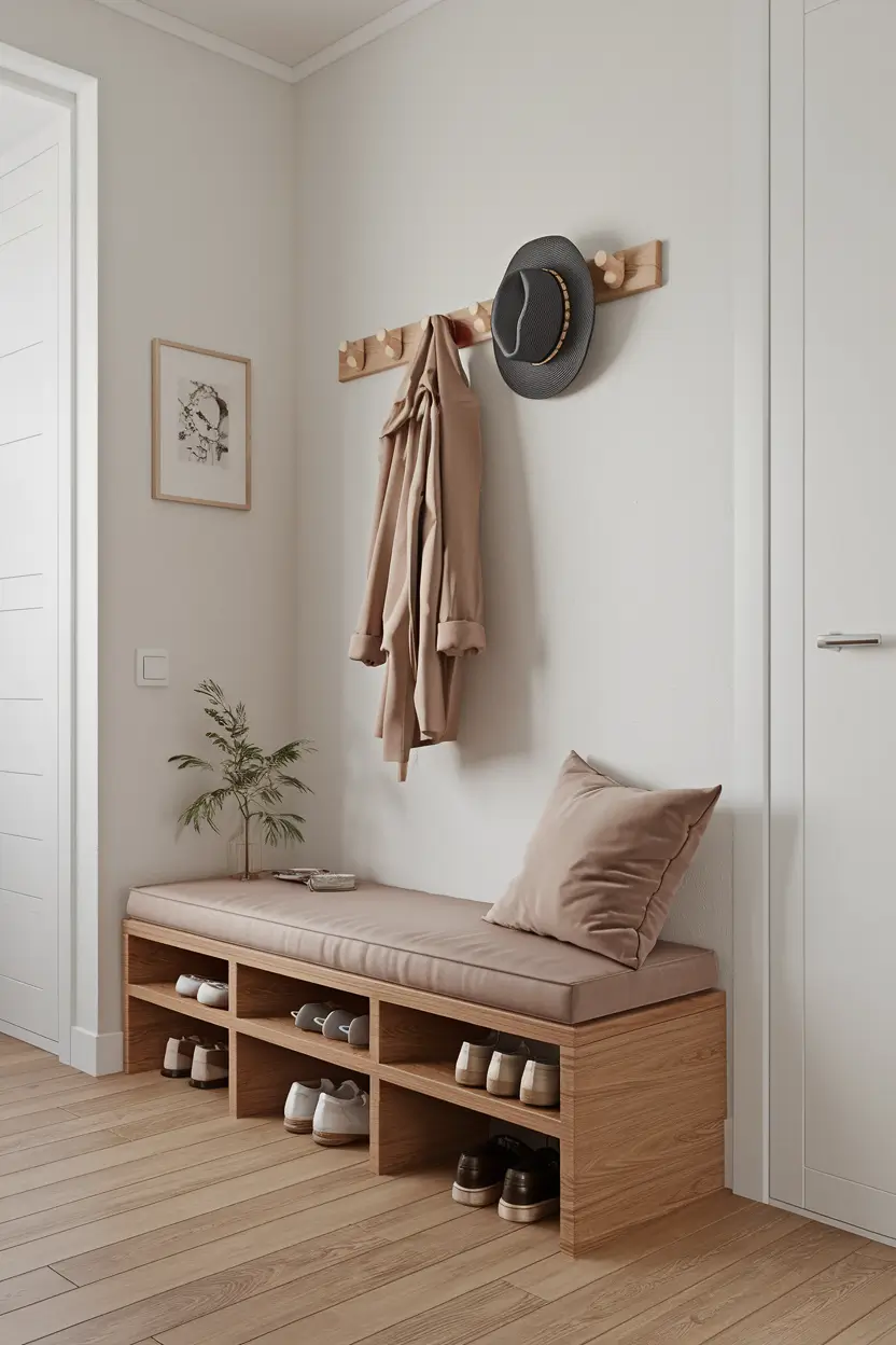 A minimalist Scandinavian entryway with a slim wooden bench that has built-in storage compartments underneath. The bench has a soft cushion on top and is paired with a pair of neatly placed shoes below. The walls are painted white, and there is a coat rack with a few coats and a hat. There is also a small plant on the floor. The floor is made of wood.