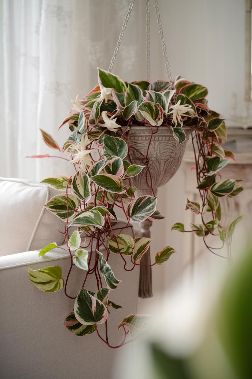 A photo of a Hoya Carnosa with waxy, variegated leaves showing distinctive green, white, and pink coloration. The plant is trailing and is positioned in an elegant hanging planter. It is placed in a bright corner of a living room. The plant has some of its star-shaped, porcelain-like flowers. The photo has soft, diffused lighting that highlights the leaf variegation and waxy texture. The photo has a botanical photography style with attention to detail.