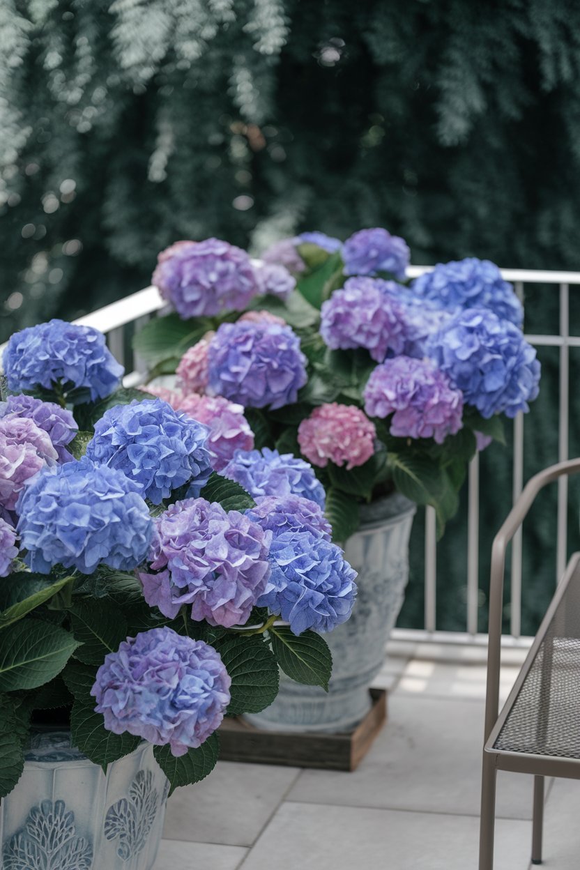 A garden photo of vibrant hydrangeas with large, showy flower clusters in varying shades of blue, purple, and pink. The flowers are in decorative containers on a small balcony. The pots are stylish and complement the flowers' colors. The balcony has simple, elegant outdoor furniture. The background contains a building with windows. The lighting is soft and natural, enhancing the rich colors of the blooms.