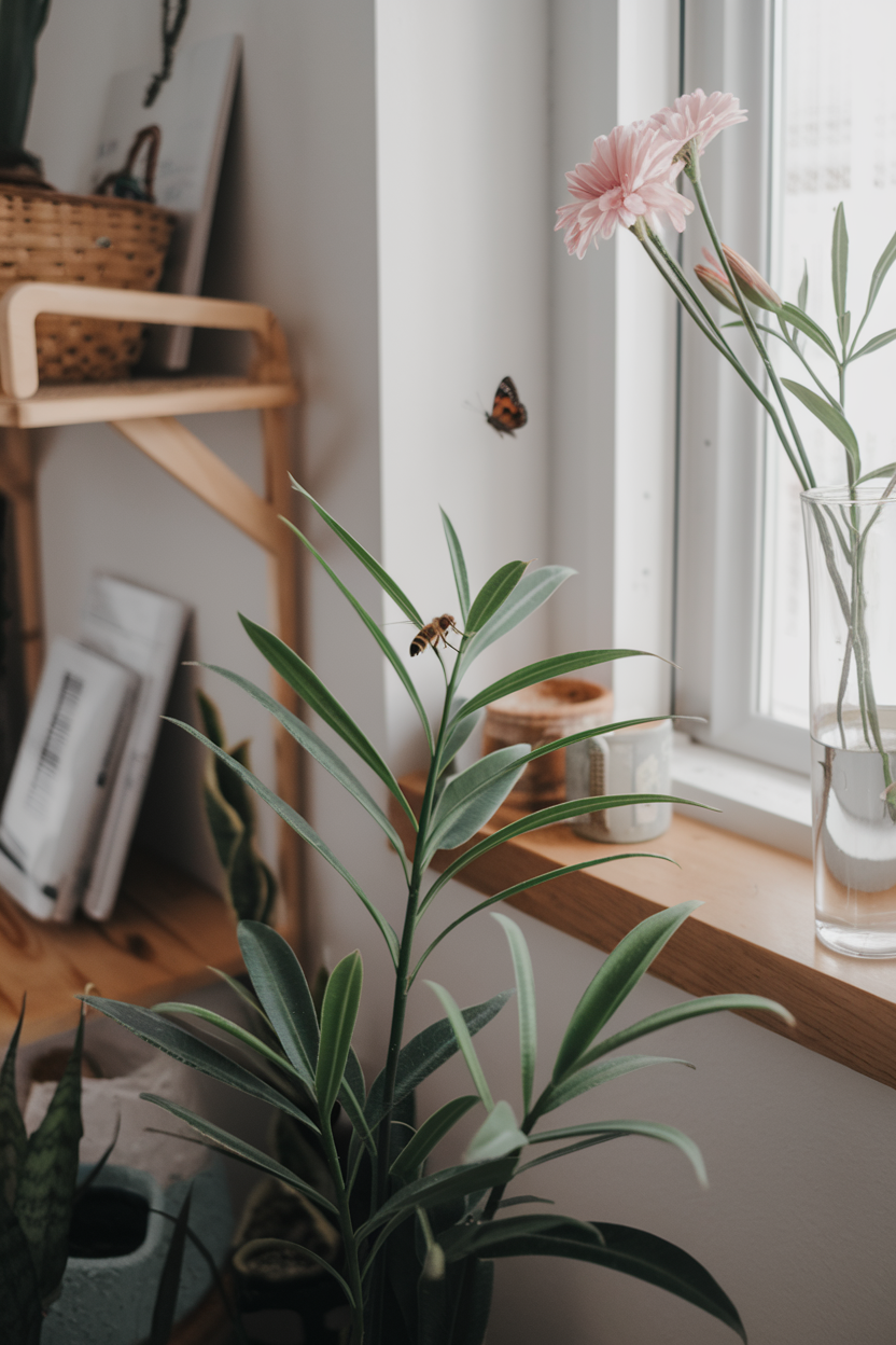 A photo of a few indoor plants near a window. There's a bee on one of the plants and a butterfly near the window. The window has a few flowers in a vase. There's a wooden shelf near the window. The background has a few items, including a basket and a book. The lighting is soft.
