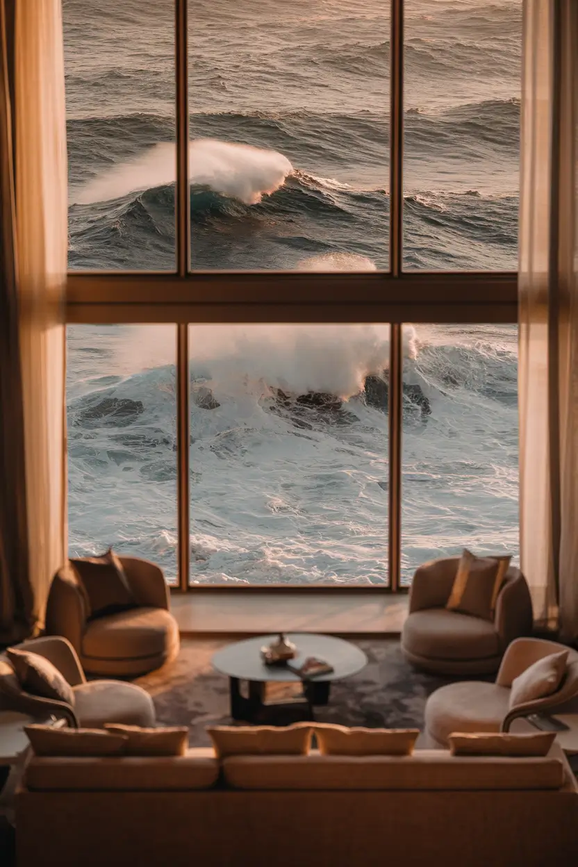 An interior design photography of a luxurious living room with a double-height floor-to-ceiling window that perfectly frames dramatic ocean waves. The room has a minimal contemporary furniture in neutral tones, and indirect lighting. The focus is on the relationship between the interior comfort and the natural seascape. The golden hour warm lighting creates a contrast with the blue ocean tones.