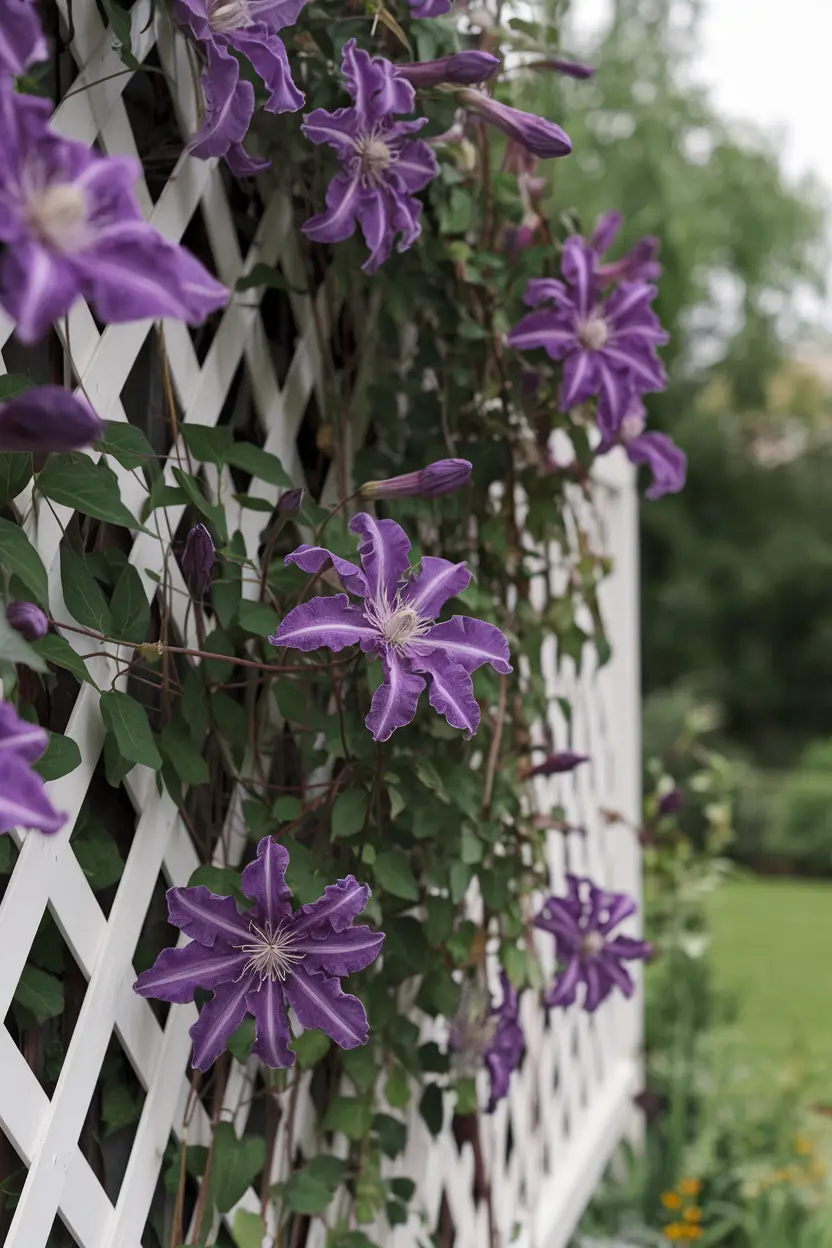 A photorealistic botanical photograph of a white lattice fence covered in velvety purple Clematis 'Jackmanii' flowers. The flowers are at different stages, with some fully bloomed and others starting to open. The background is a lush green garden. The lighting is natural and soft. The photograph has a shallow depth of field, focusing on the flowers and the lattice fence.