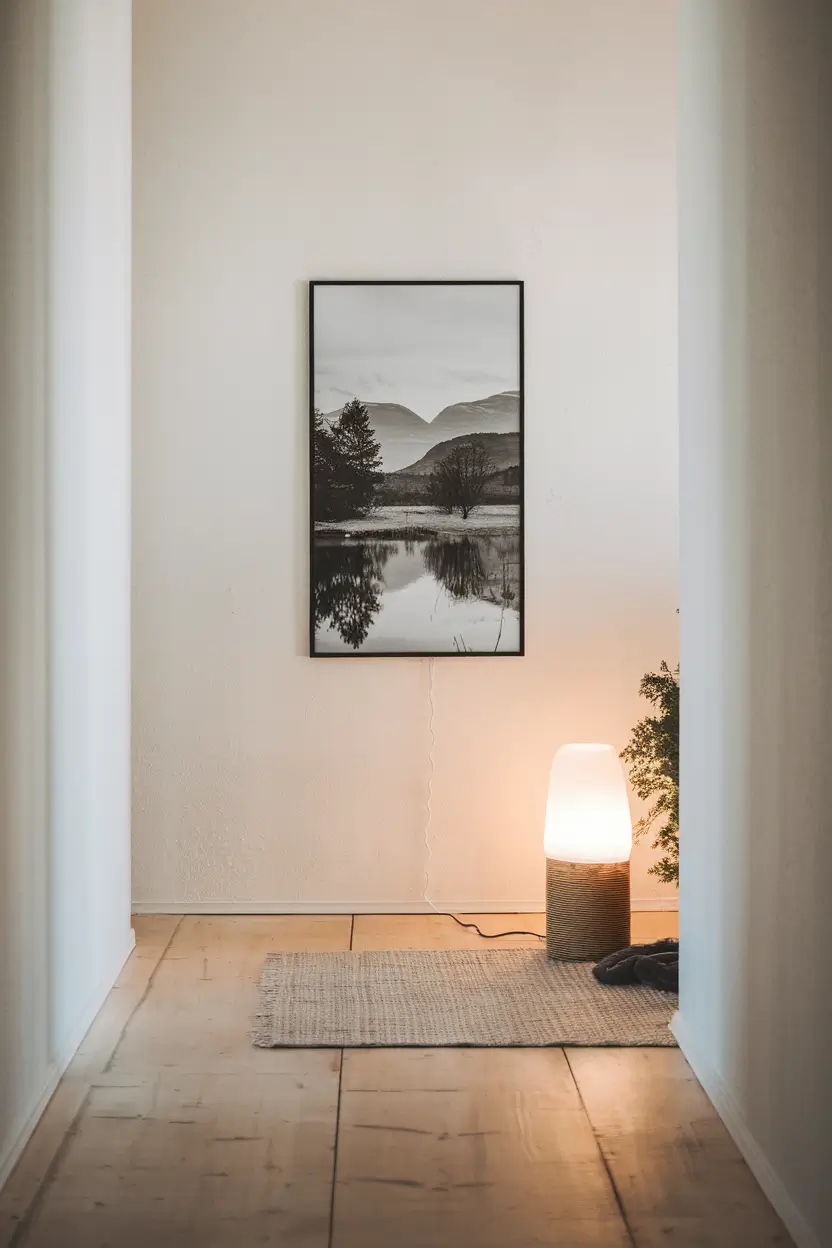 A photo of a Scandinavian-inspired hallway with a single black-and-white photograph in a thin black frame. The photograph is of a serene landscape with a body of water, trees, and mountains. The photograph is hung on an otherwise bare white wall. The floor is made of wood and has a light hue. There is a lamp on the floor and a rug beneath the lamp. The overall ambiance of the image is minimalistic and calming.