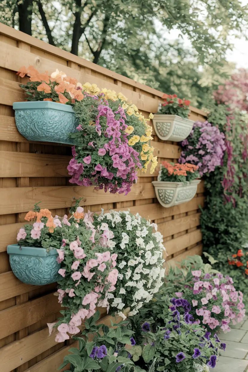 Creative arrangement of various decorative hanging baskets and wall planters attached to a wooden privacy fence. Cascading flowers in complementary colors spilling from different container styles, textural variety with trailing vines and upright blooms, dappled sunlight, vibrant garden colors, photorealistic garden photography