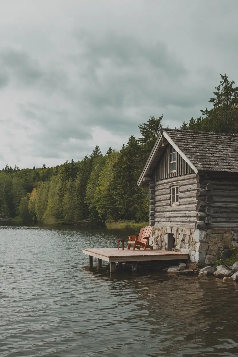 A serene photo of a log cabin with a stone foundation, nestled on the shores of a calm lake. The cabin has a rustic charm, with a wooden deck extending out over the water. On the deck, there's a wooden chair and a table. The background is filled with lush green trees. The sky is overcast, with grey clouds.