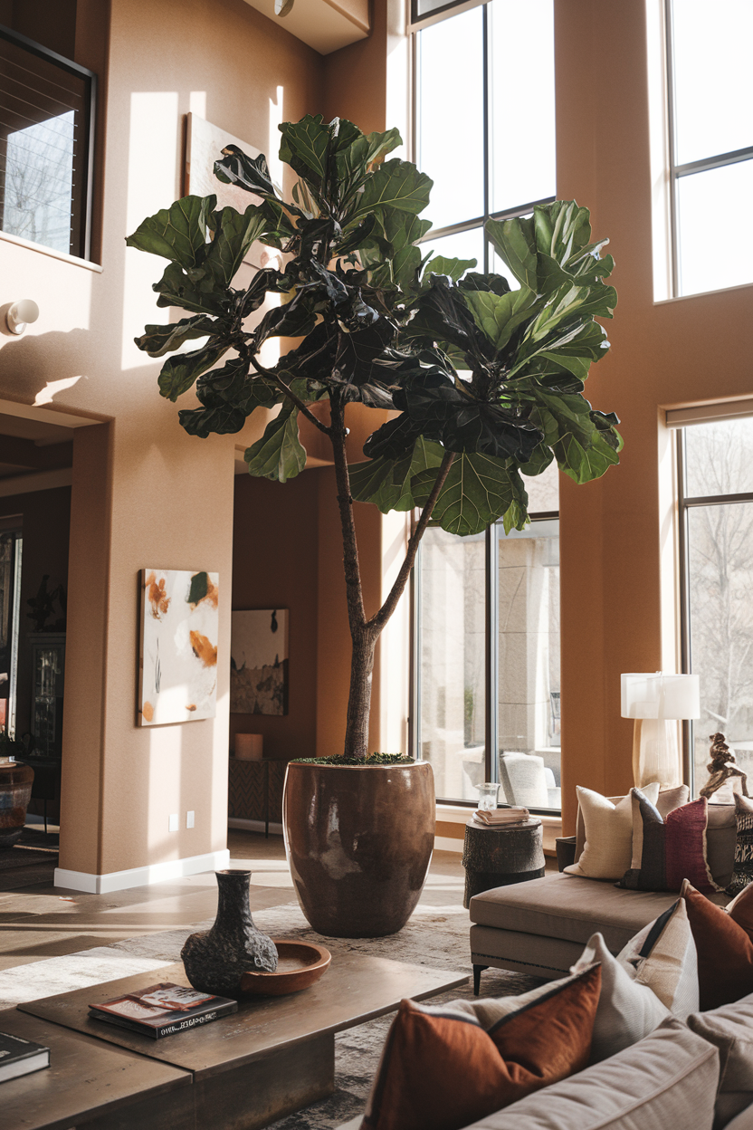 A photo of a spacious, high-ceilinged living room with a majestic fiddle leaf fig tree. The tree is in a substantial designer planter and is at least 6 feet tall. The tree's large, glossy leaves are violin-shaped. The room has a warm hue and is furnished with a grey sofa, a rustic coffee table, and a few decorative items. The walls are adorned with a few pieces of art. The room has large windows that let in natural light. The light creates subtle shadows and highlights the leaf structure of the fiddle leaf fig tree.