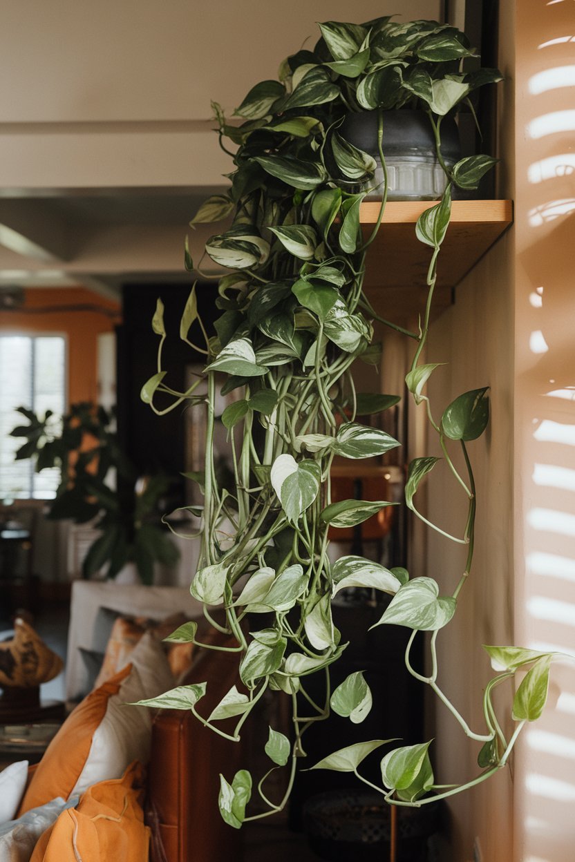 A natural photography style shot of a living room with a lush pothos plant. The pothos plant has variegated heart-shaped leaves and is thriving in the room with changing light conditions. The trailing vines cascade elegantly from a shelf. The room has a lived-in, comfortable feel with warm elements. Sunlight is creating interesting patterns across the space, showing how the plant adapts to these lighting variations.