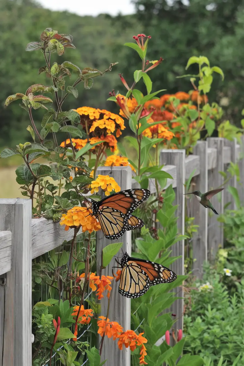 Living fence with butterflies or hummingbirds visiting flowers
