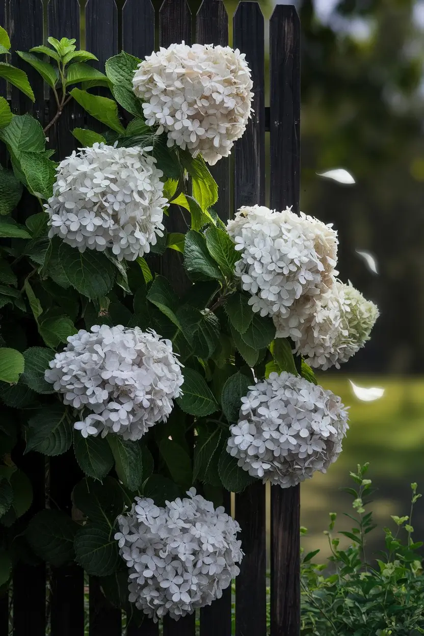 A photorealistic garden photograph of a large white lacy climbing hydrangea flower cluster against a dark stained wooden fence. The flowers and foliage have a dramatic contrast against the fence. The background is blurred, showing a lush green landscape. The lighting is dappled shade. There is a slight breeze effect, with some petals in gentle motion.