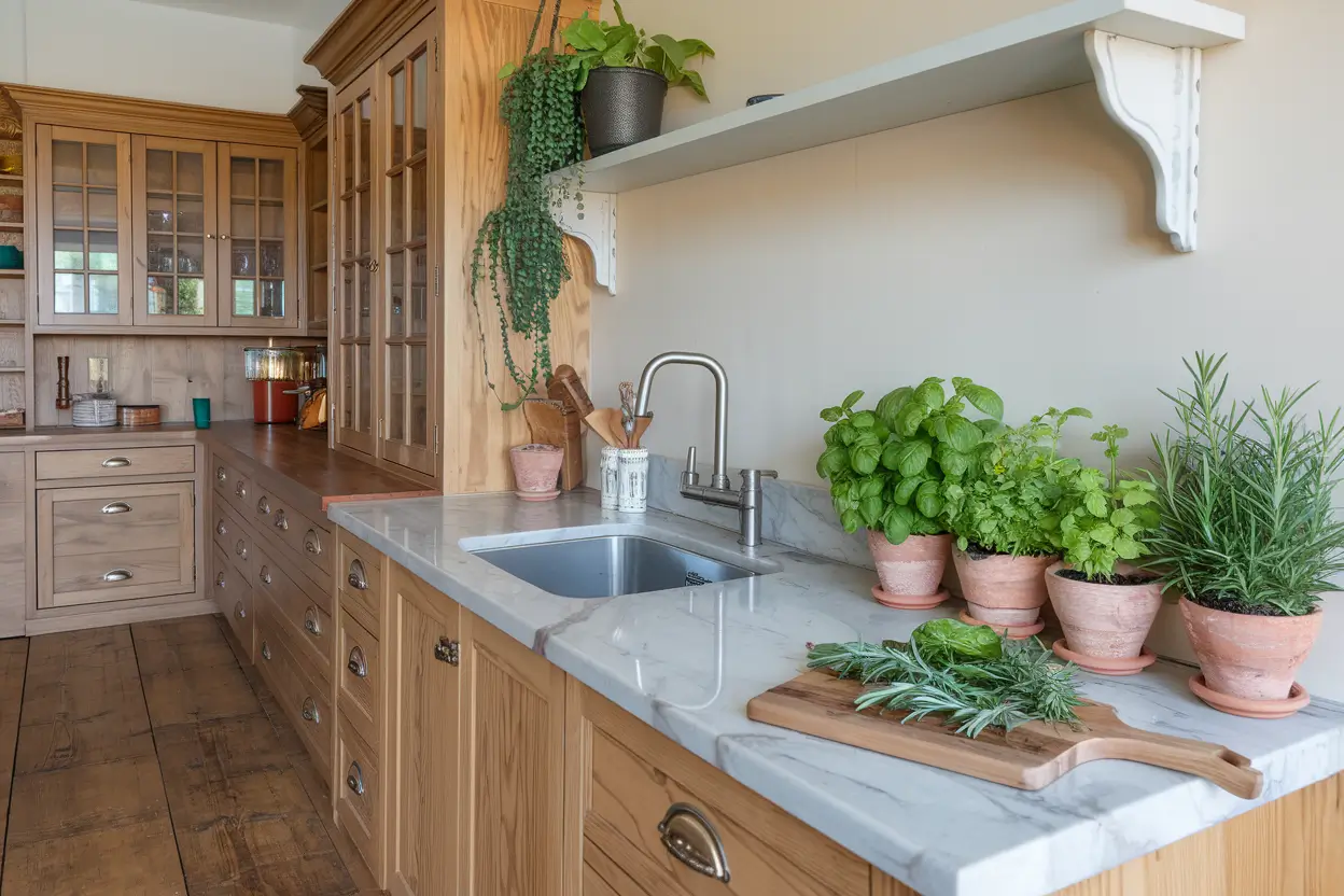 A photo of a biophilic kitchen with an indoor herb garden. The kitchen has wooden cabinets, a marble countertop, and a stainless steel sink. Hanging above the sink is a potted plant. On the countertop, there are a few potted herbs, including basil, mint, and rosemary. There is also a wooden cutting board with fresh herbs. The flooring is made of large wooden planks. The background is a wall with a white shelf.